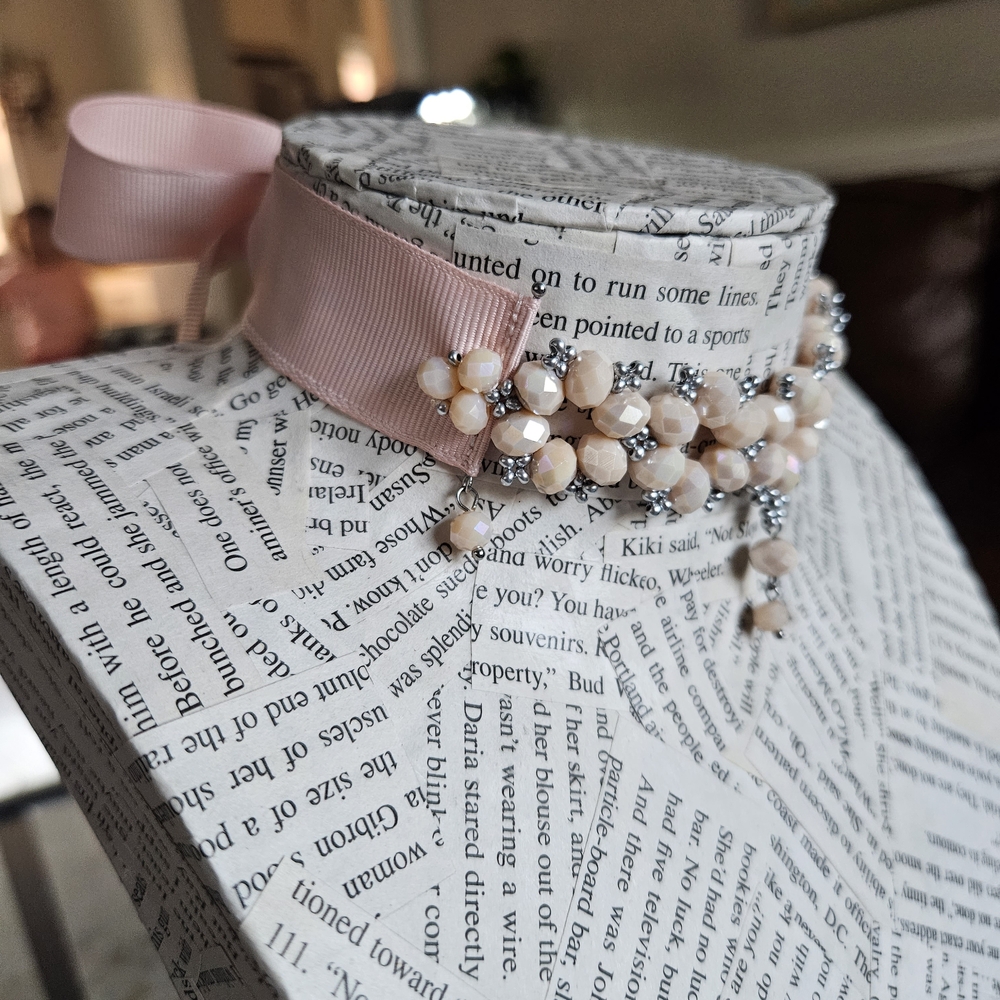 Pink Beaded Ribbon Choker Necklace with Crystal Accents